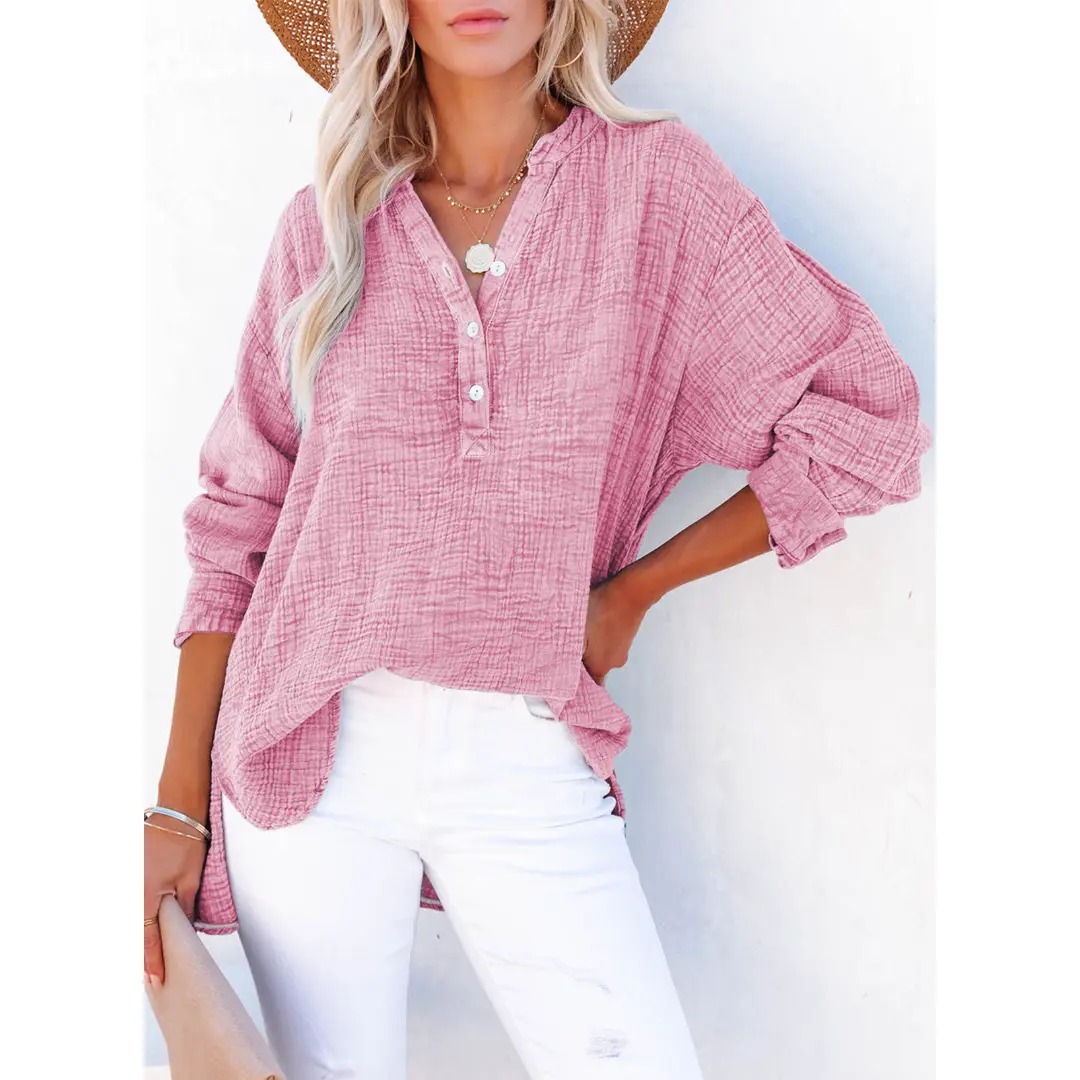 Women's Casual Button V Neck Long Sleeve Shirts Oversized Solid Blouses Tops 100% Cotton