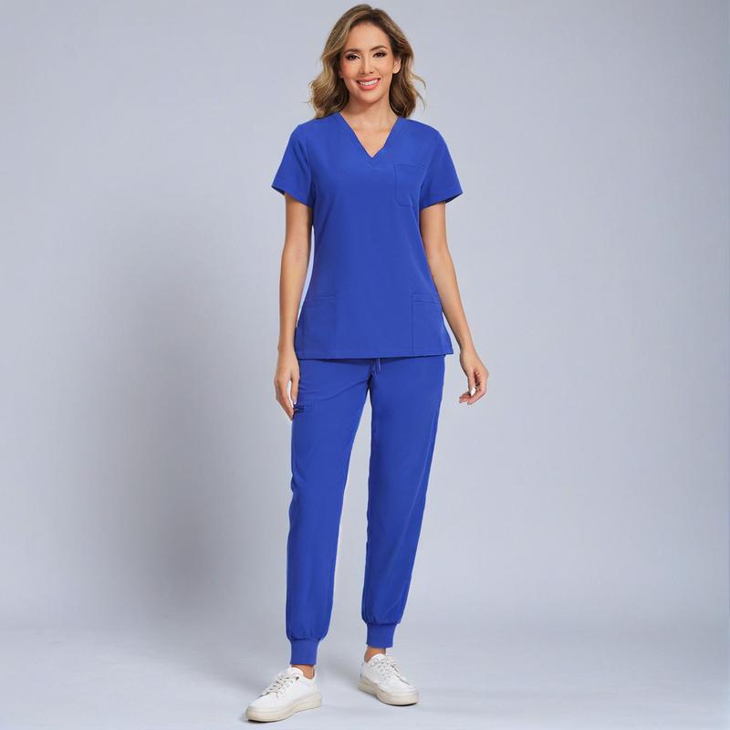 🔥Women’s Stretch V-Neck Scrub Set (Top + Jogger Pants) – 8 Pocket Utility Uniform