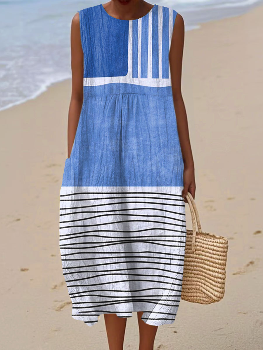 Women's Vintage Abstract Geometry Art Print Sleeveless Cotton Pocket Wrap Dress