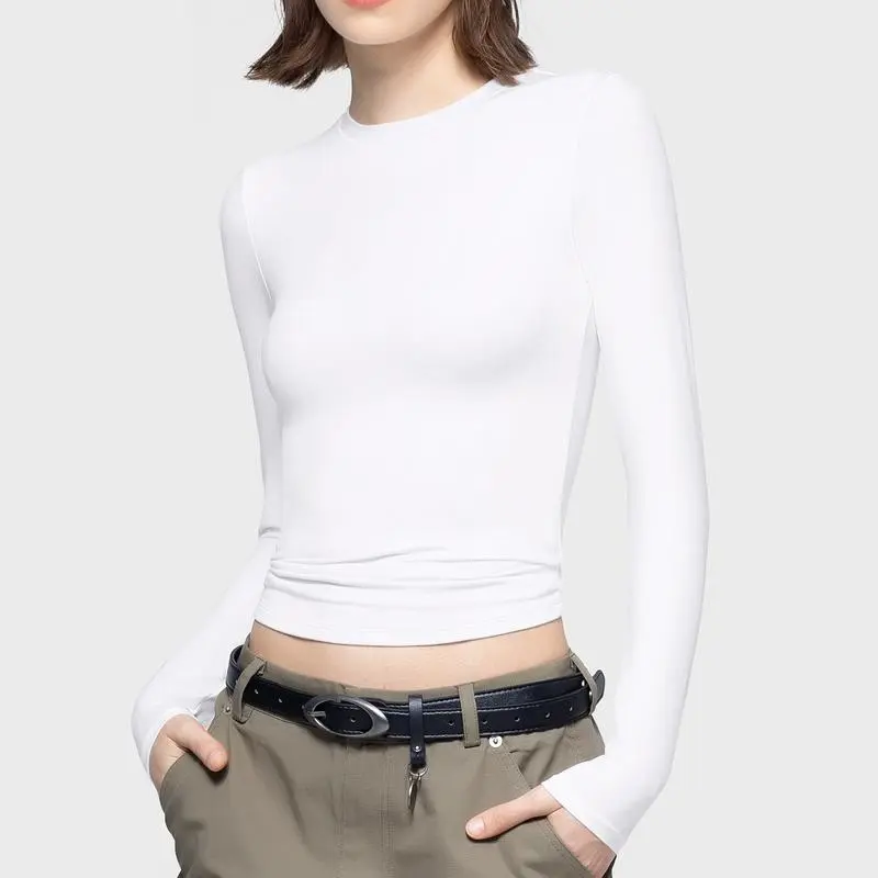 Long Sleeve Basic Tee Women's Crew Neck Slim Fit Tops Streetwear Minimalist Double Layer Compression Tee