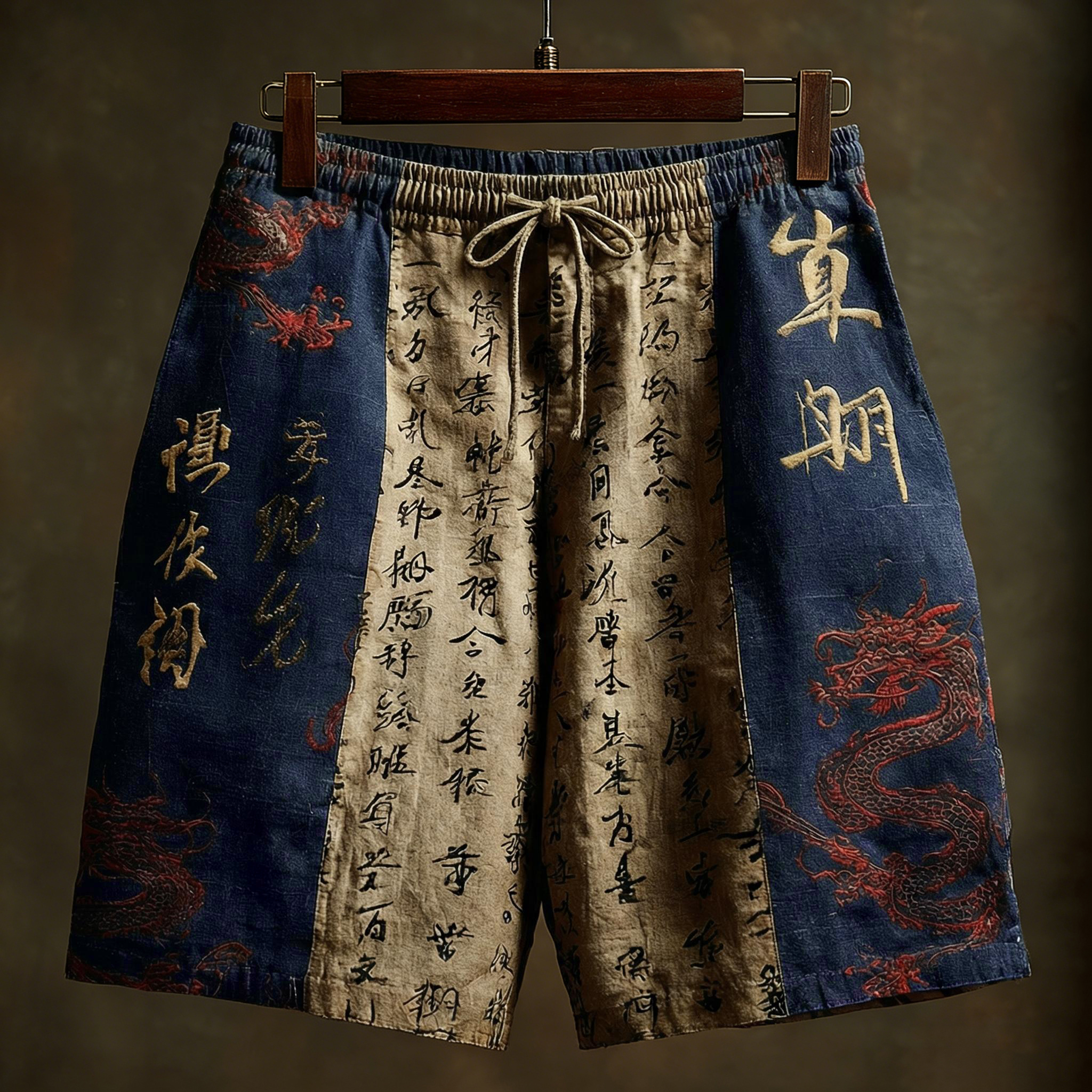 Men's Japanese Calligraphy And Dragon Art Linen Shorts