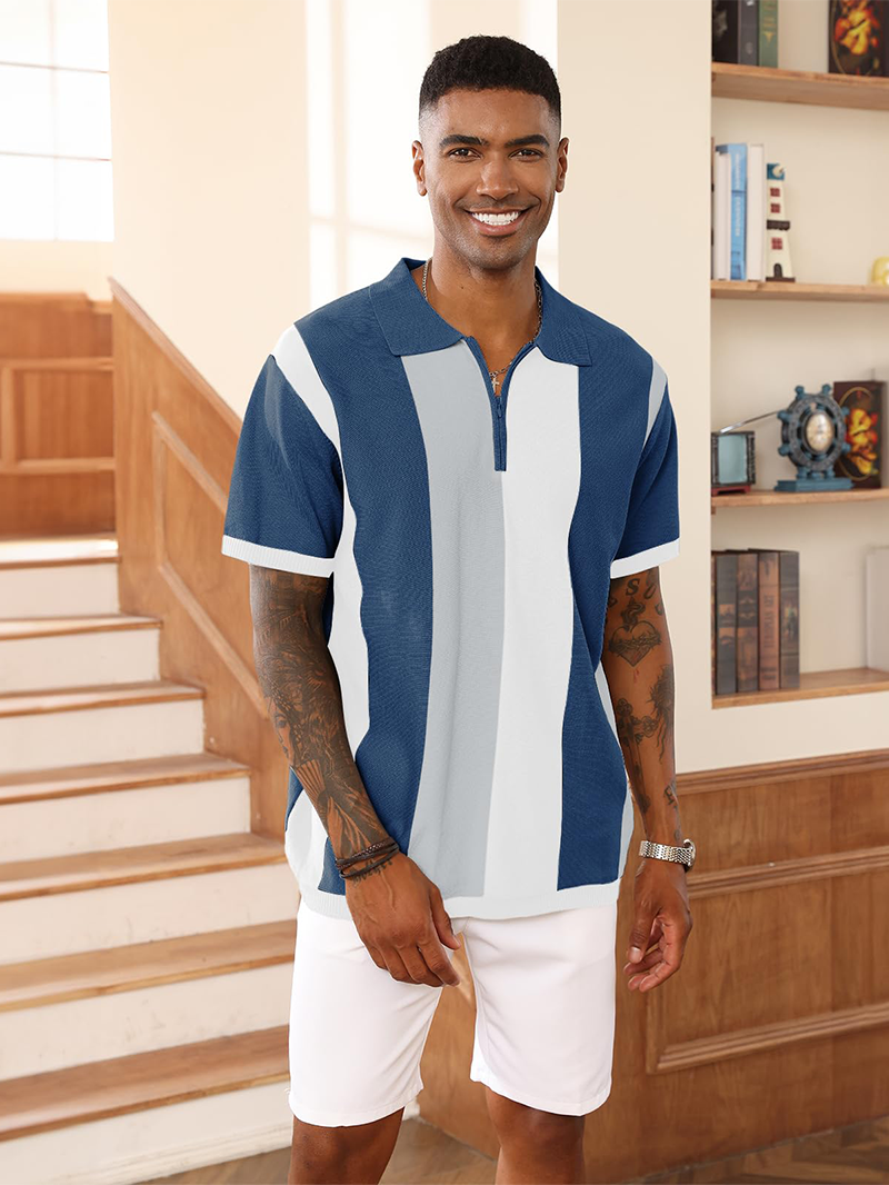 Men's Fashion Polo Shirts Vintage Striped Knitting Shirts Casual Slim Fit Golf Shirts