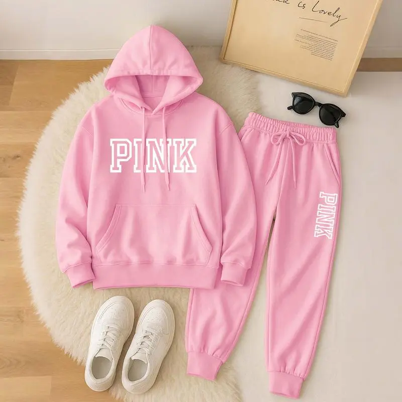 Women’s Pink Printed Hoodie & Drawstring Pants Casual Set