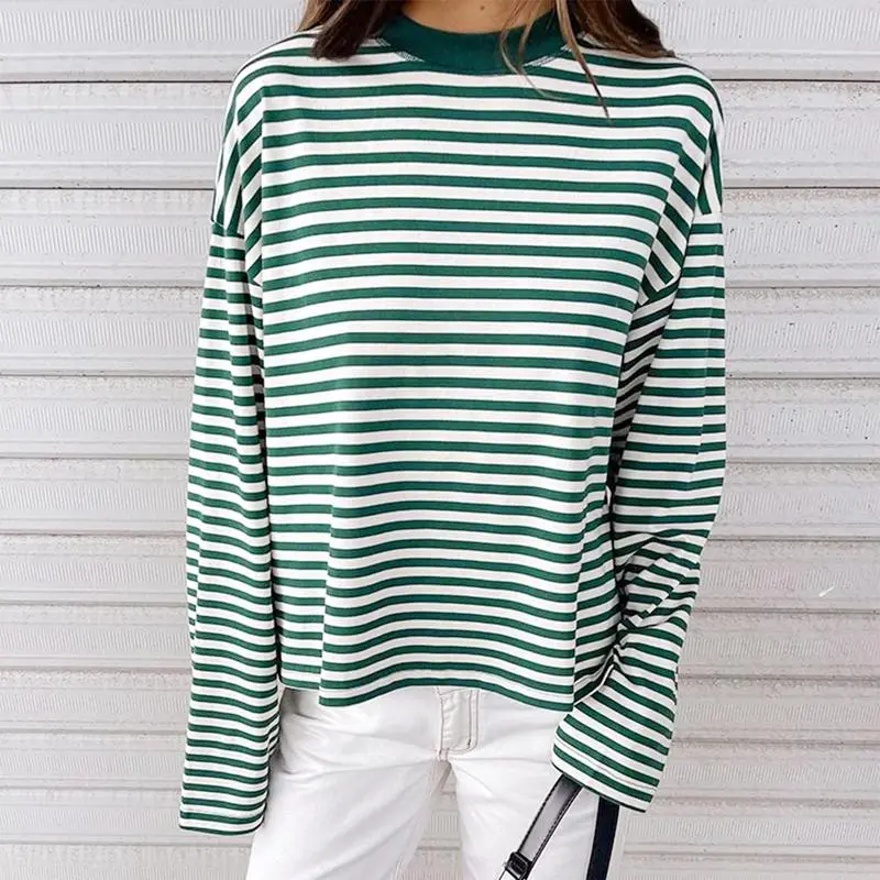 Women Long Sleeve Crew Neck Loose Striped T Shirt