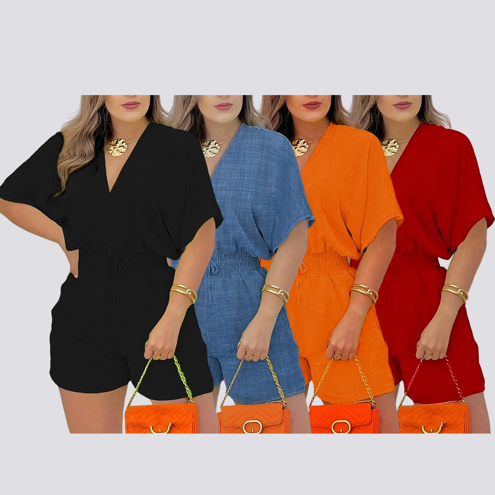 Women's Plain Drawstring Shirred Waist V Neck Romper