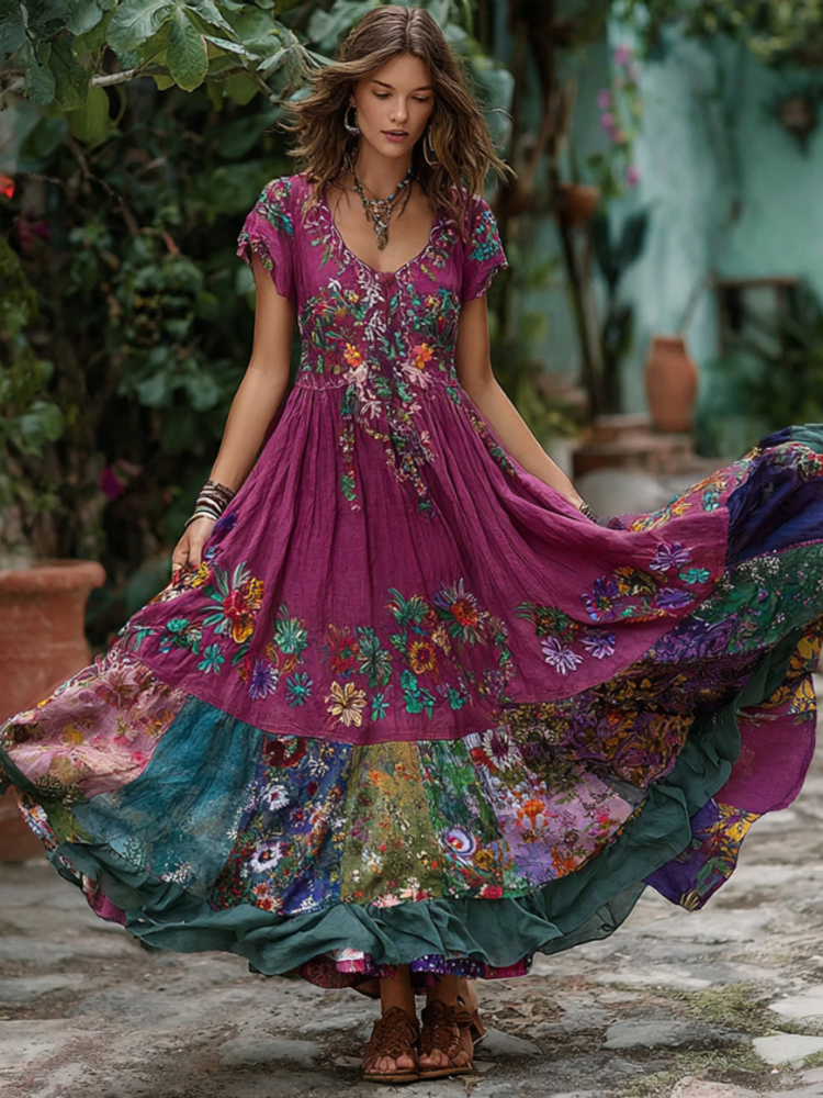 Women's Retro Flower Embroidery Patchwork Art Short Sleeve Maxi Dress