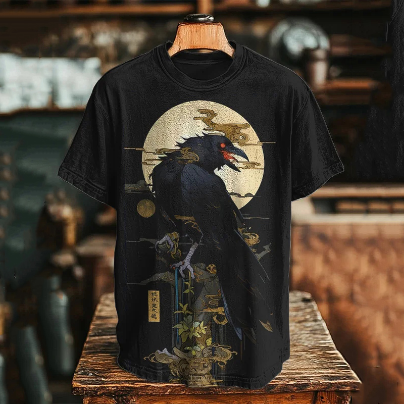 Men's Dark Crow Japanese Illustration Printed Casual T-shirt