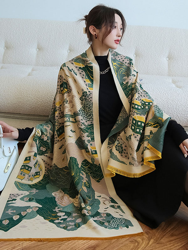 Vintage Printed Tasseled Shawl&Scarf