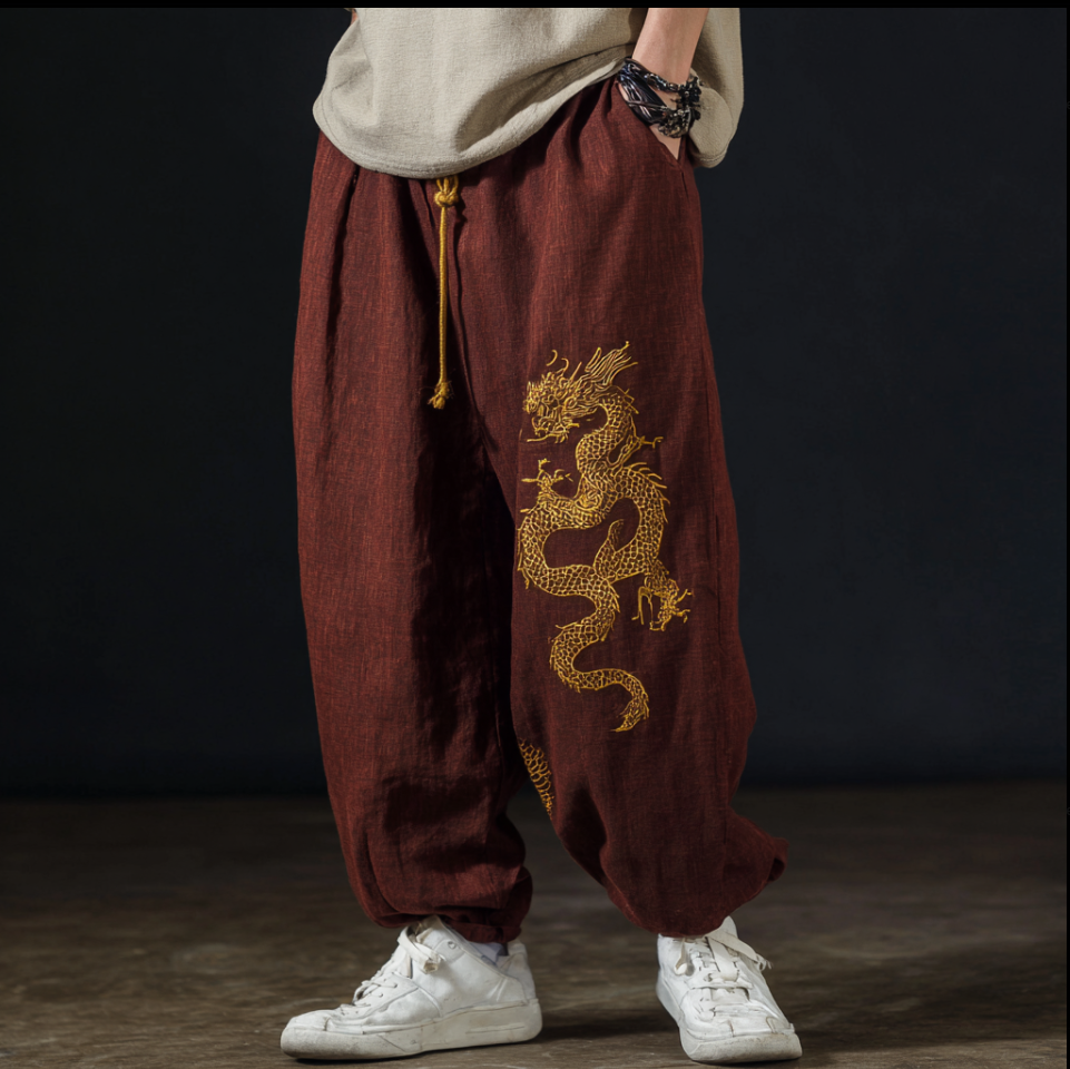 Men's Casual Cotton And Linen Wide-leg Pants With Dragon Patterns And Embroidered Floral Patterns