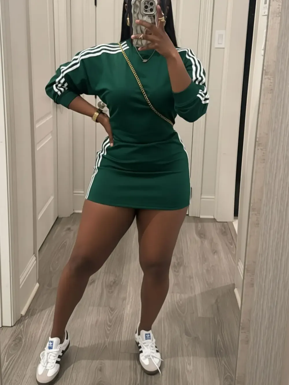 Women's Sporty Fitted Short Dress Set, Sportswear Set, Long Sleeve Slim Fit Casual Two-Piece