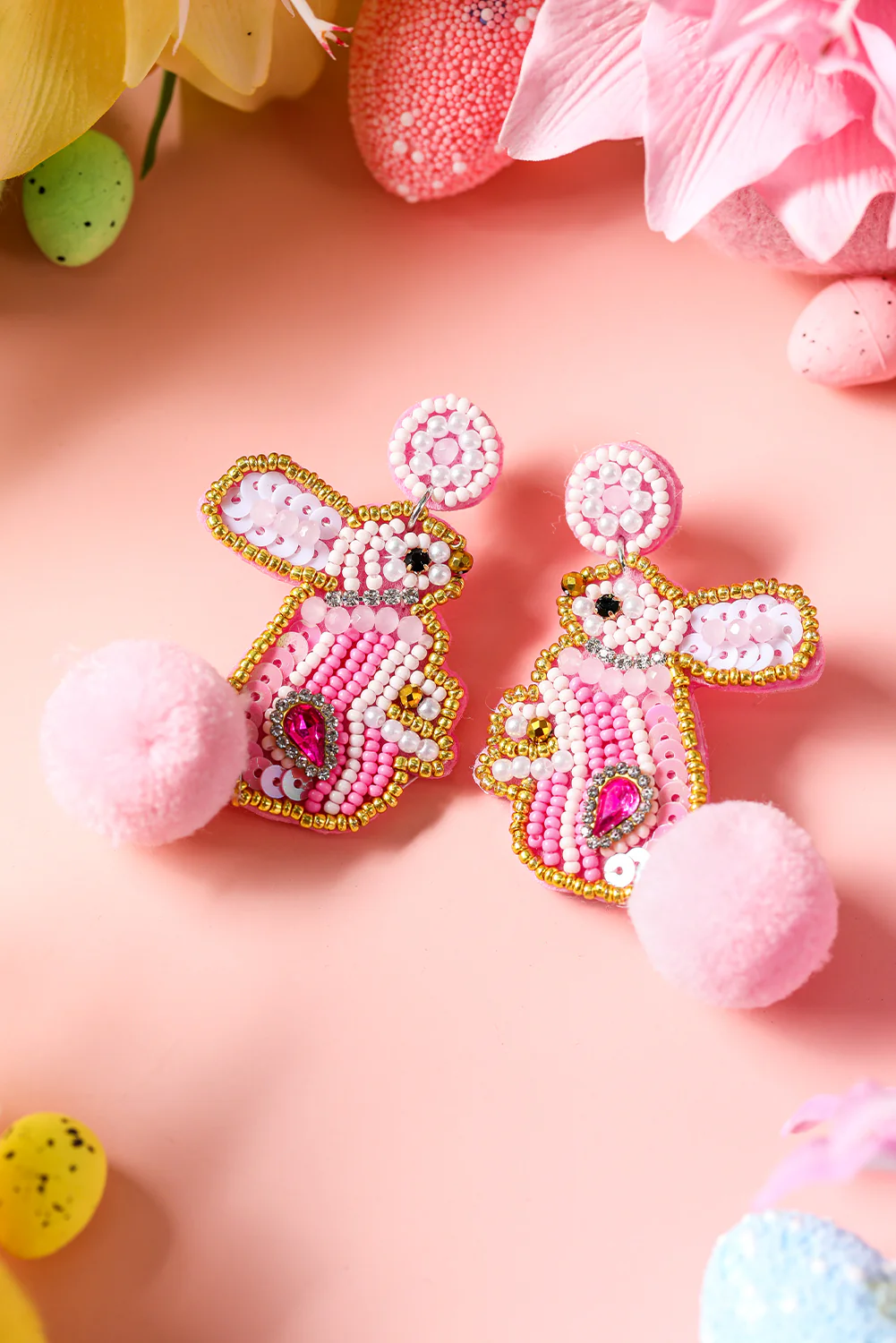 Pink Beaded Easter Bunny Fluff Stud Dangle Earrings