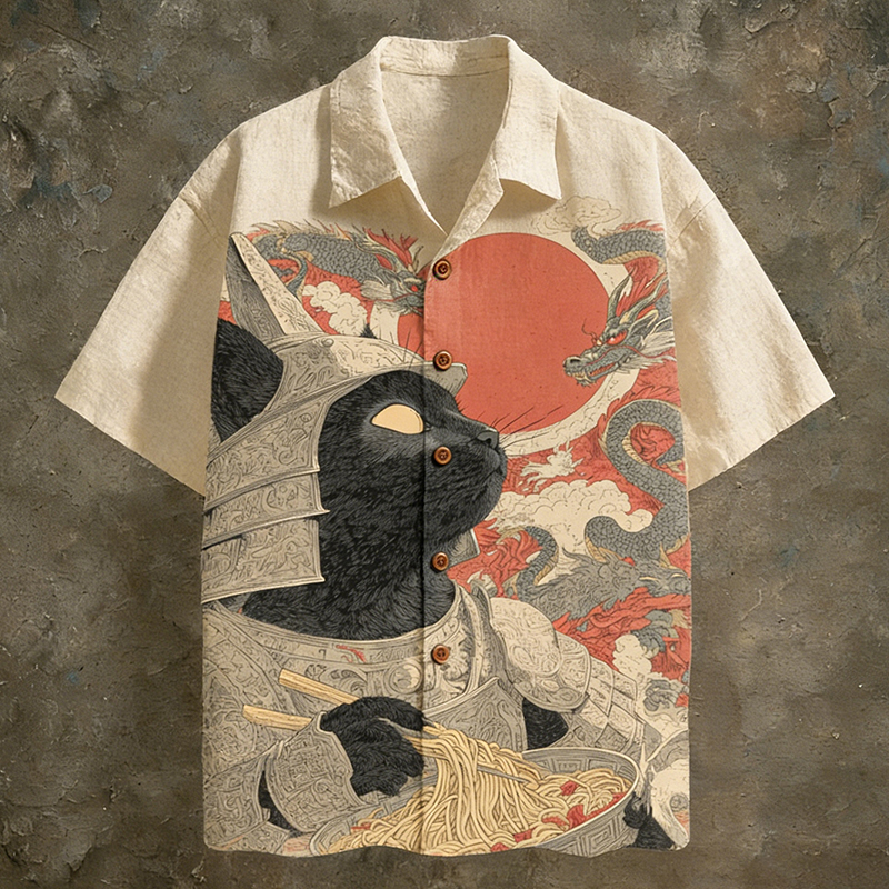 Men's Japanese-style Fun Cat And Dragon Pattern Linen Short-sleeved Shirt