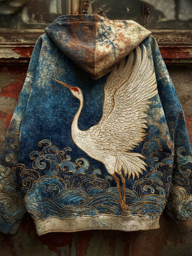 Japanese Ocean Crane Art Men's Vintage Hoodie