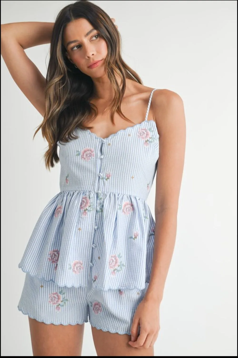 Stripe Embroidered Peplum Cami and Shorts Set