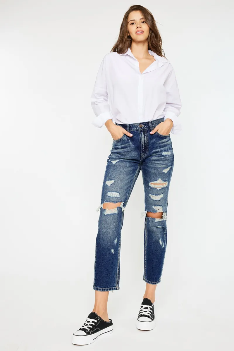 High Rise Distressed Mom Fit Jeans