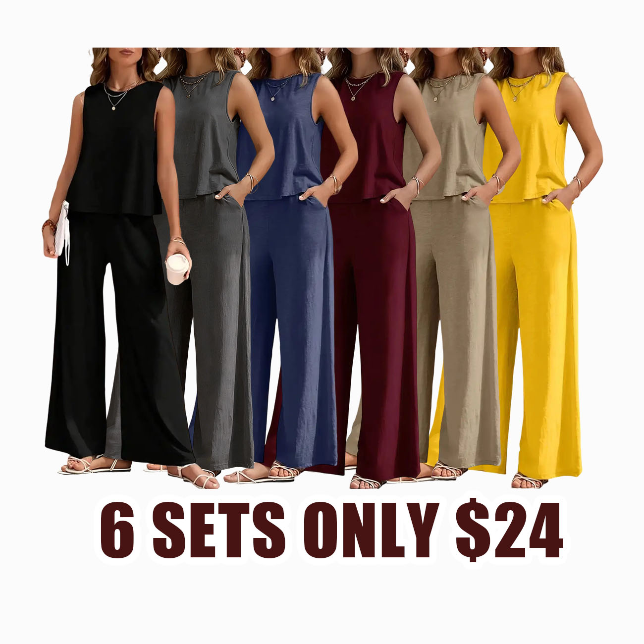 Elegant Two-Piece Set for Women, Womenswear Round Neck Vest & Wide-Leg Pants, Perfect for Casual Wear, Stylish for Daily Use