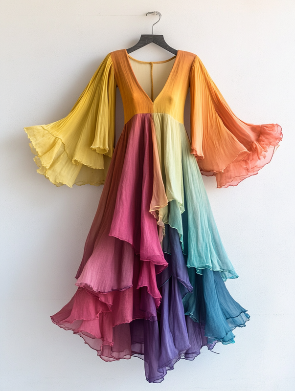 Contrast Rainbow Ruffle Chiffon Dress 3b9d
