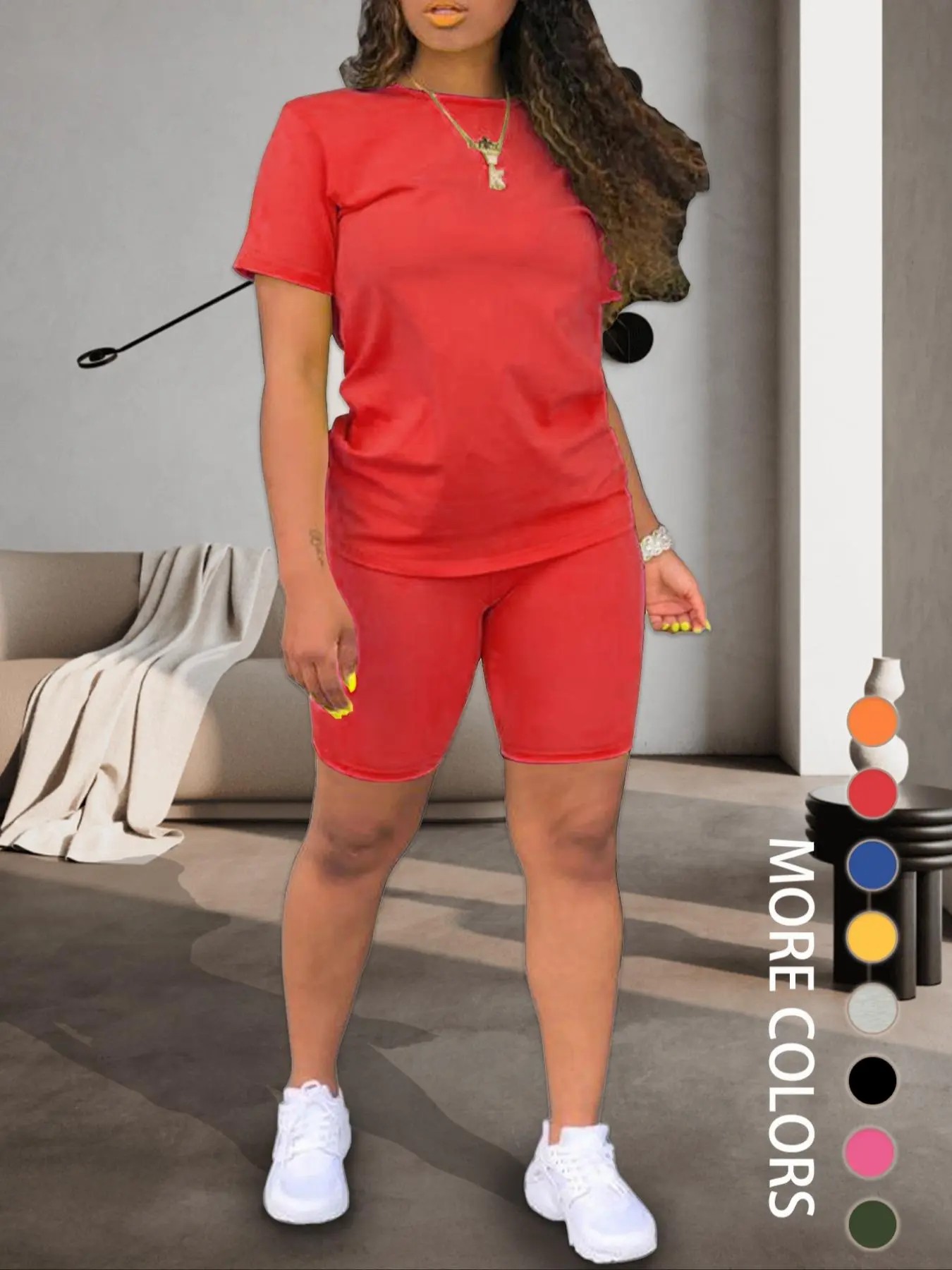 Two-piece Set Women's Fitted Plain Round Neck Tee & Skinny Shorts Set, Summer Clothes Women, Short Sleeve Crew Neck T-shirt & Shorts, Casual Summer Clothes for Outdoor, Cute Summer Outfit, Casual Matching Set, Womenswear