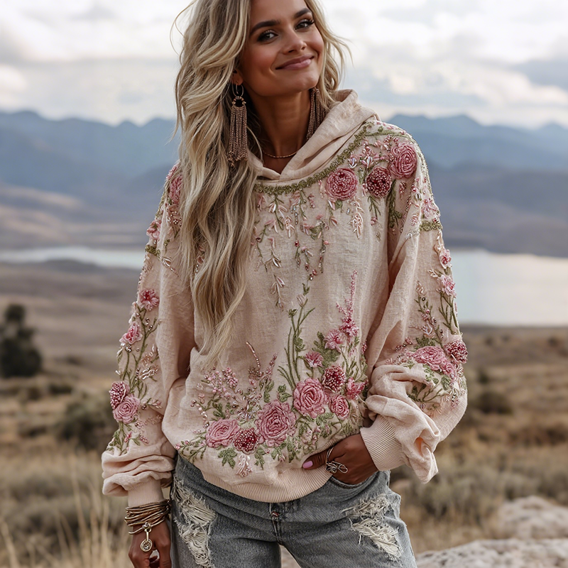 Vintage Retro Rose Floral Embroidered Art Hooded Sweater