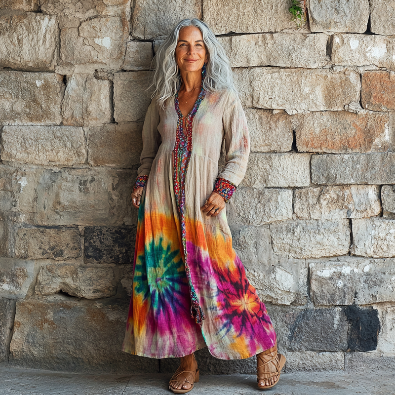 Vintage Loose Linen Patchwork Dress 8a11