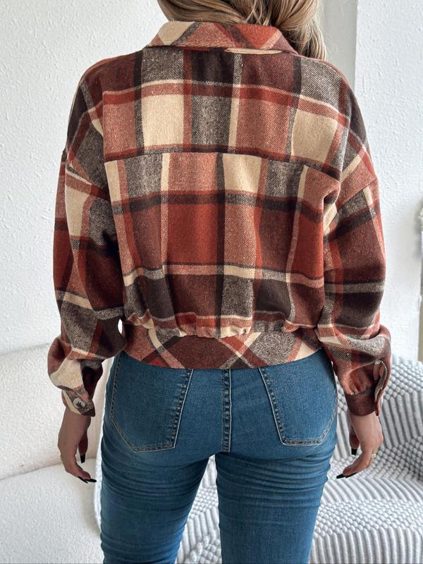 Women's Plaid Button Front Drop Shoulder Jacket