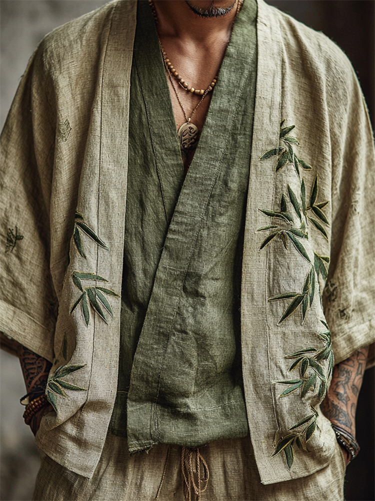 Men's Japanese Bamboo Embroidered Linen Kimono Cardigan