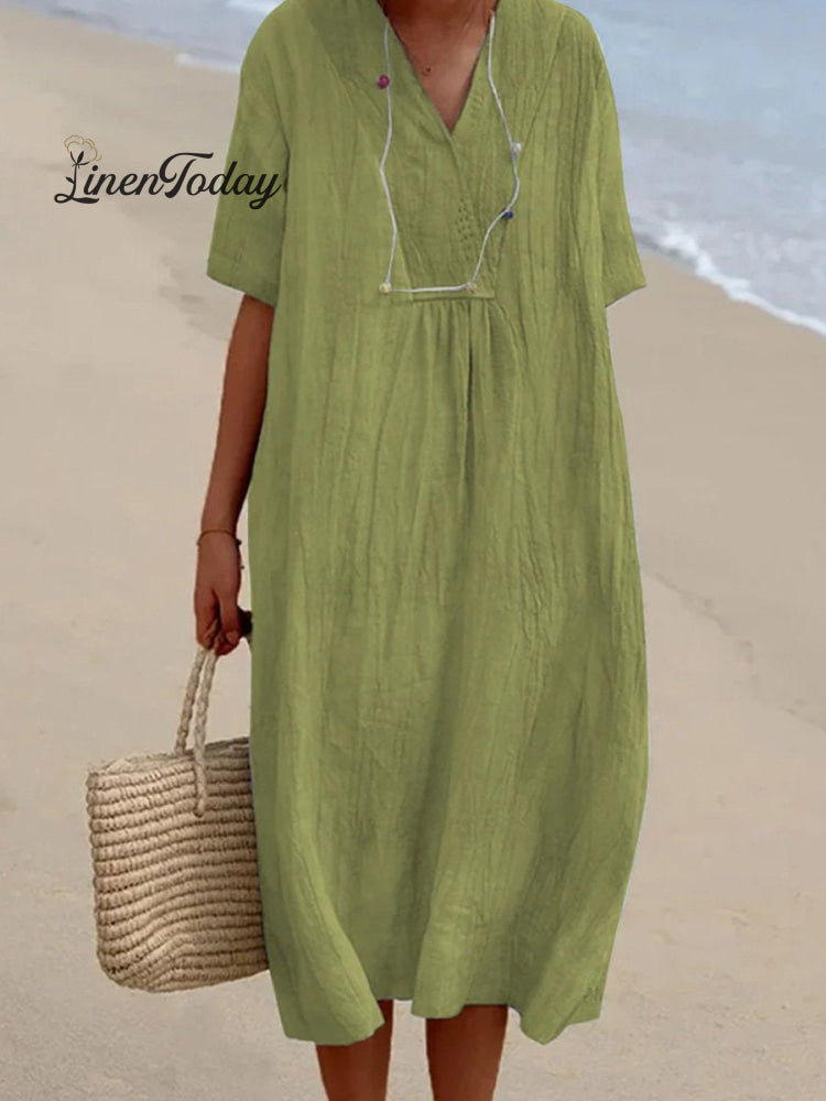 Women's Solid Color Cotton And Linen Short Sleeve Dress