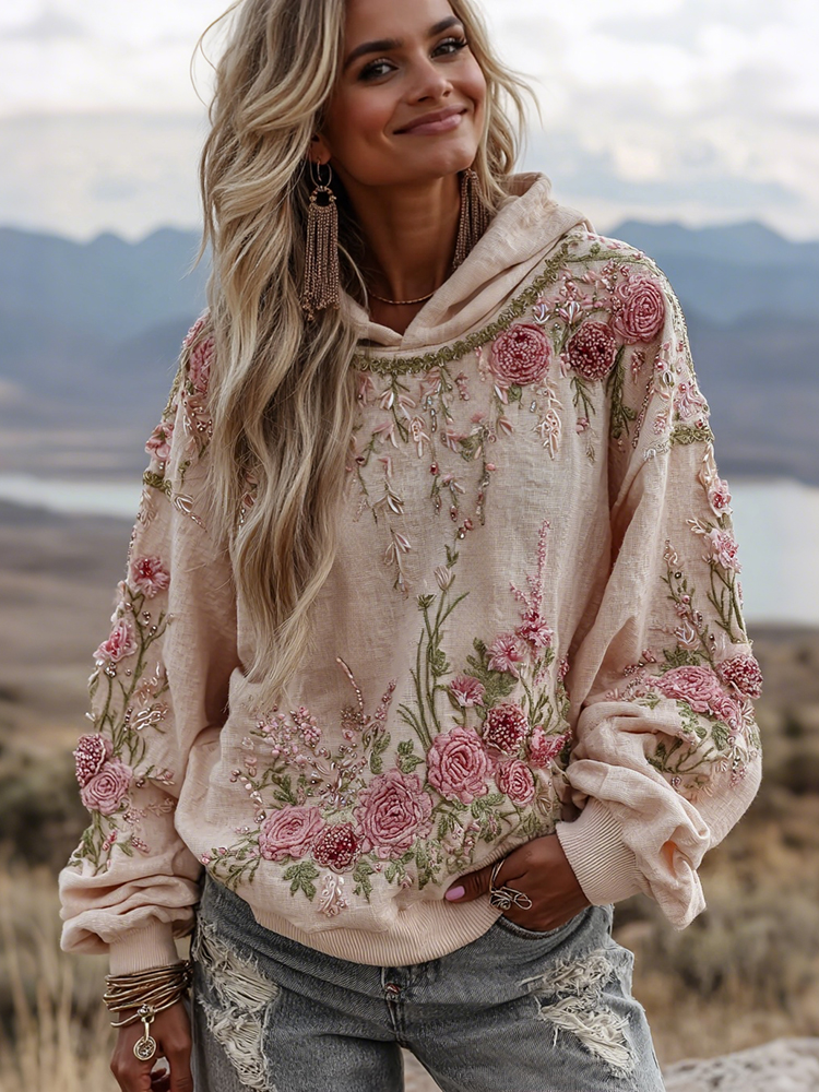 Vintage Retro Rose Floral Embroidered Art Hooded Sweater