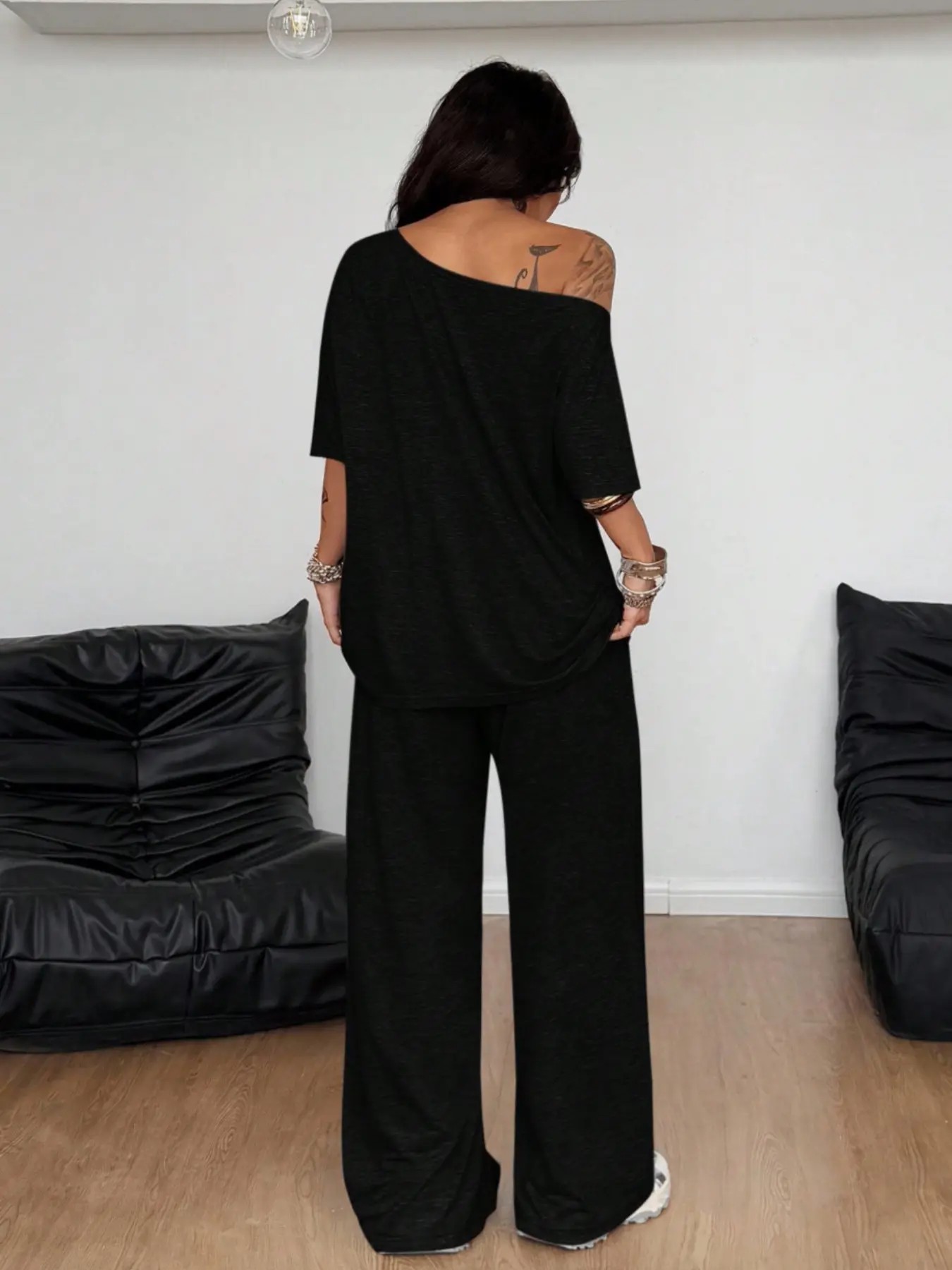 Women's Minimalist Basic Daily Wear Casual Going Out Sport Comfortable Off Shoulder T-Shirt And Wide Leg Pants Two Pieces Outfits