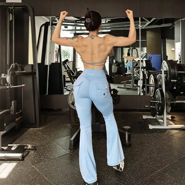 Women's Workout Flare Leggings with Pockets Hidden Scrunch High Waisted Cargo Gym Yoga