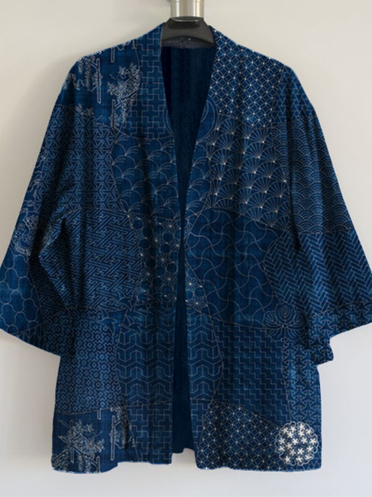 Japanese Traditional Sashiko Art Linen Blend Kimono Cardigan