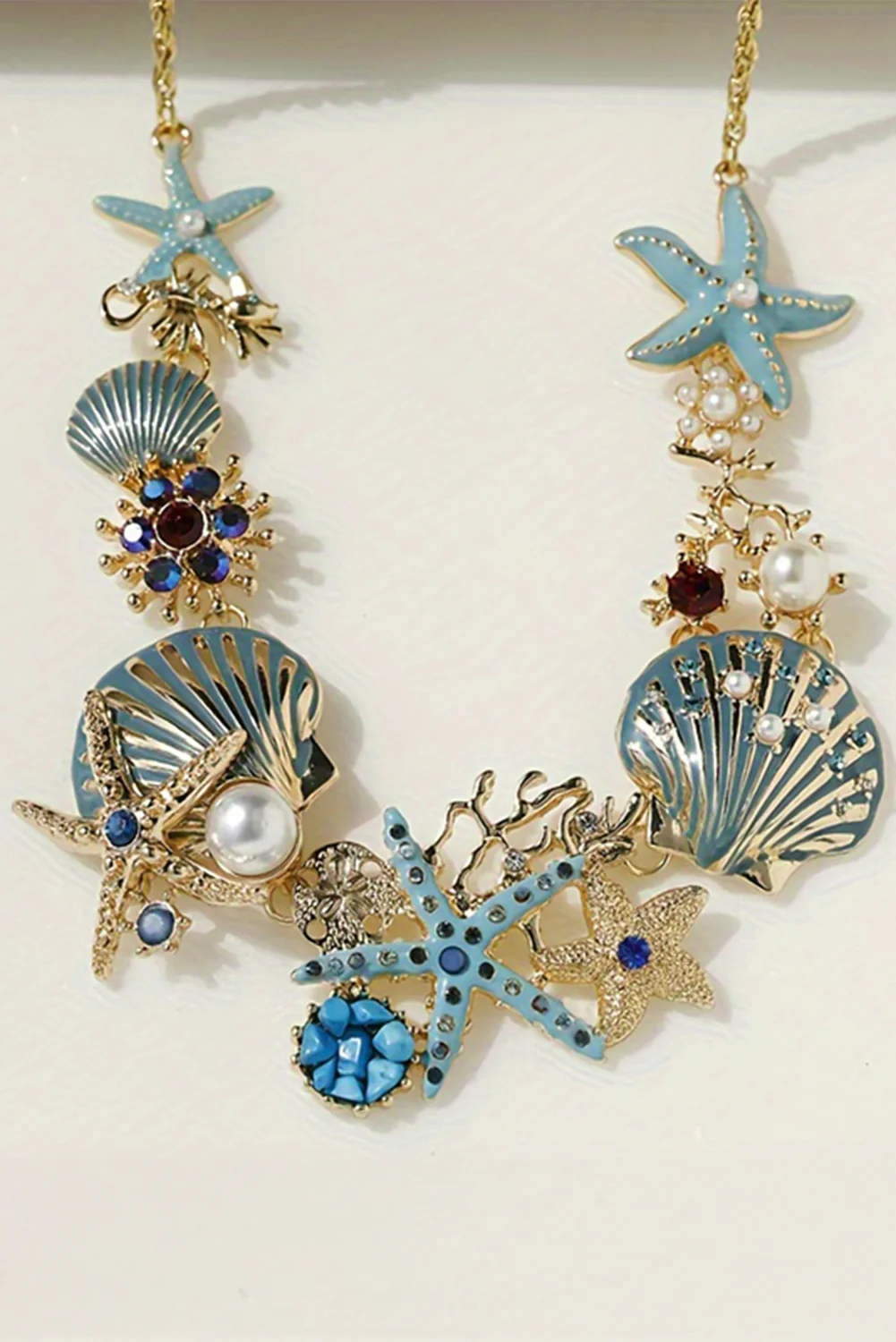 Light Blue Seashell Starfish Pearl Decor Alloy Adjustable Necklace