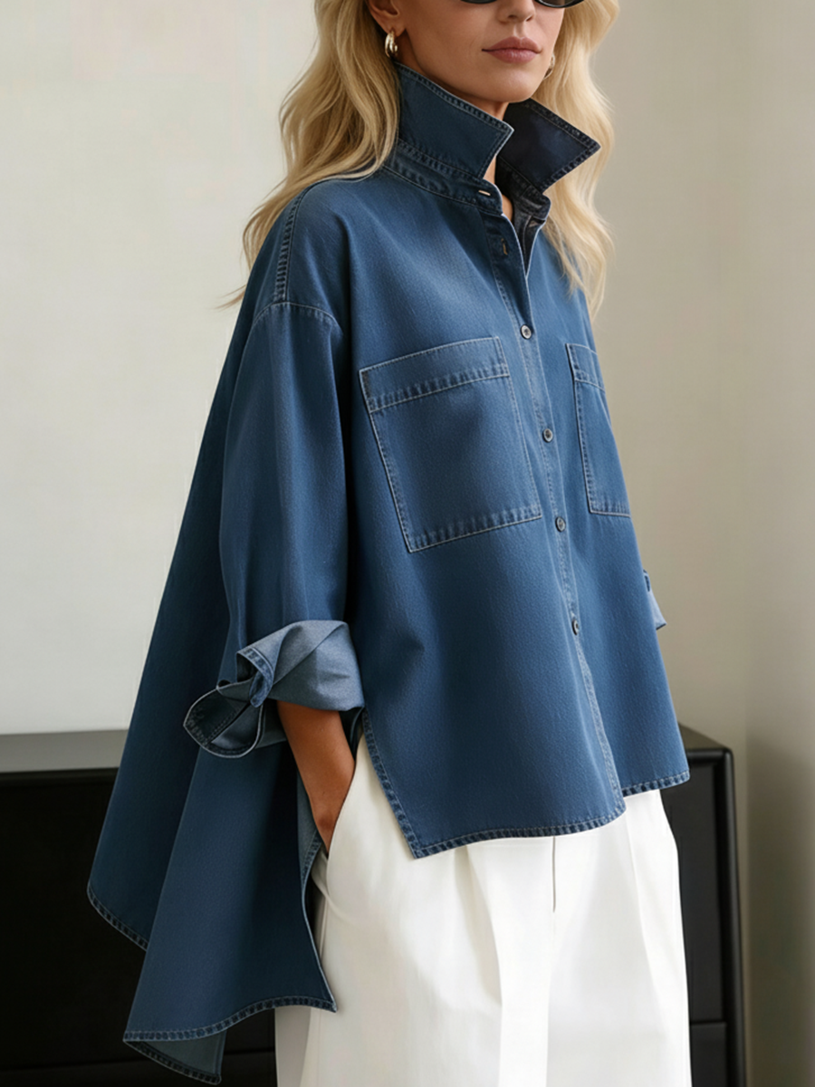 Casual Stand-collar Irregular Hem Denim Shirt Top