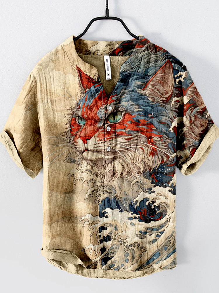 Japanese Wave Inspired Mysterious Cat Art Cozy Linen Blend Shirt
