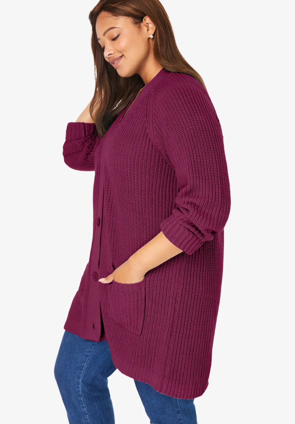 Button-Front Shaker Cardigan
