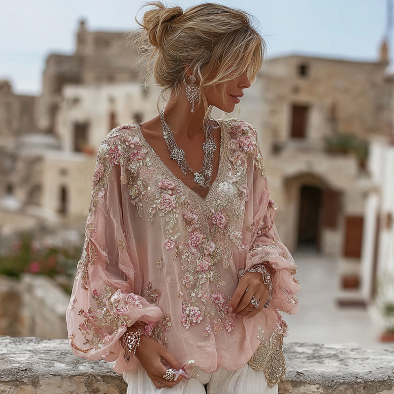 Women's Pink Floral Embroidery Art V-neck Long Sleeve T-shirt