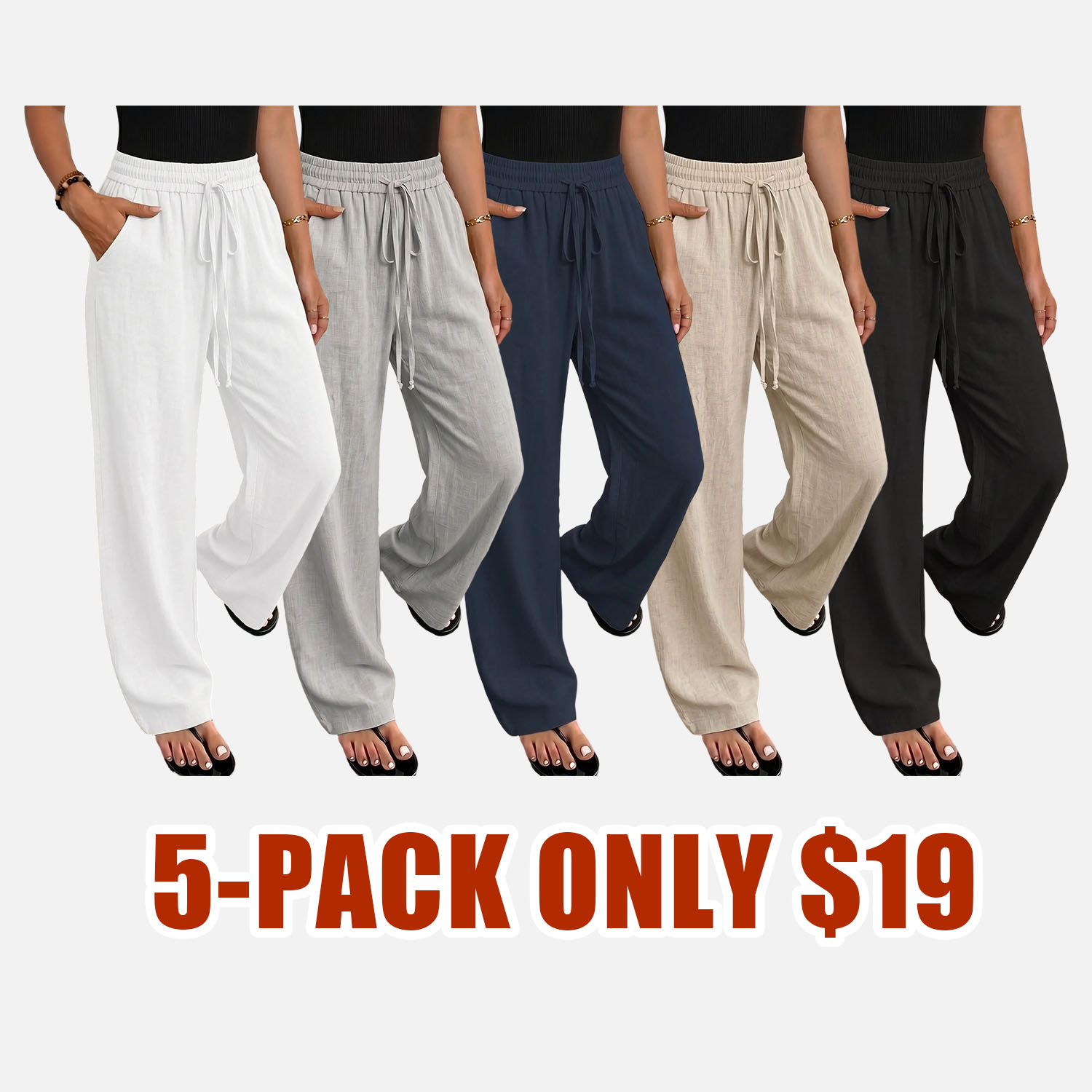 🌞 Women’s Summer Wide-Leg Pants 🌞— high-waisted, drapey, loose straight cut, lightweight linen, drawstring casual long pants