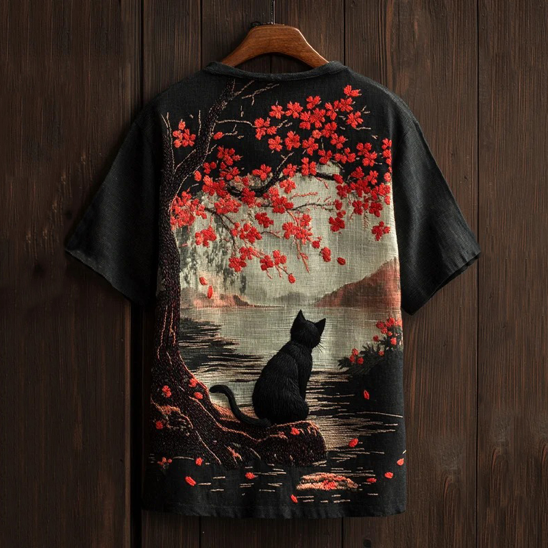 Men's Cat And Cherry Blossom Print Casual V-neck T-shirt
