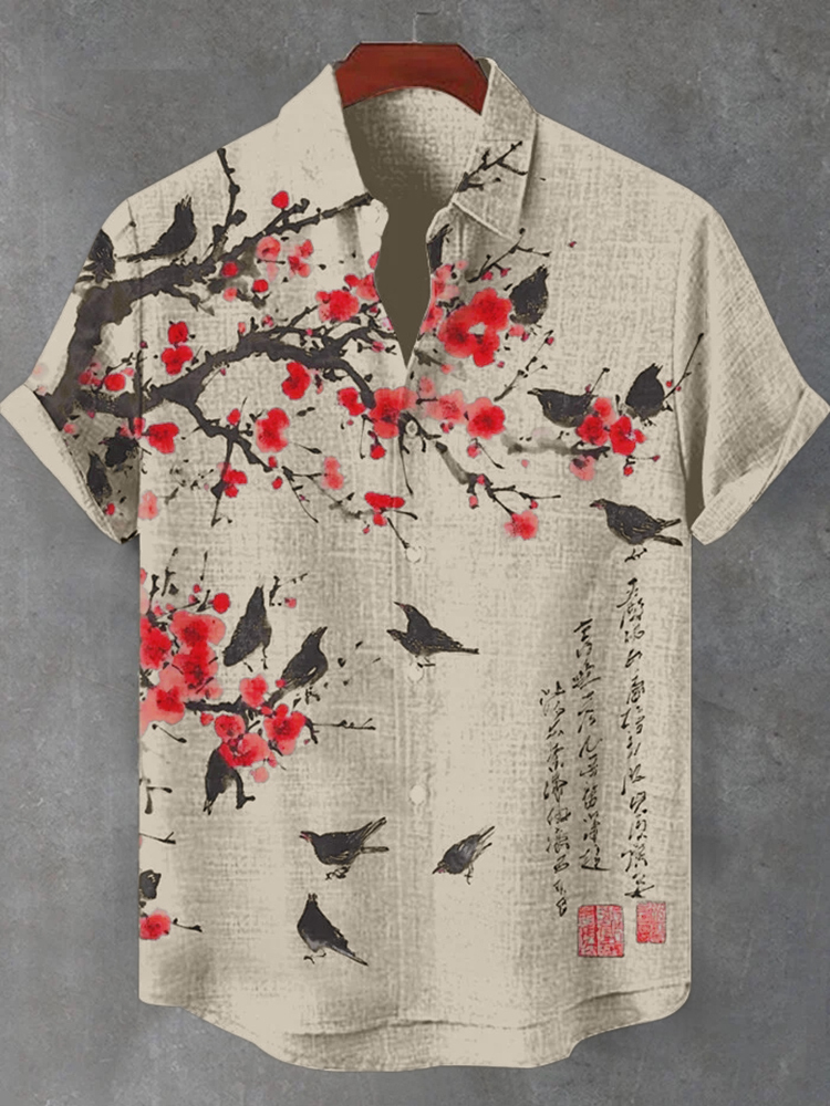 Men's Floral Bird Butterfly Art Print Short Sleeve Shirt