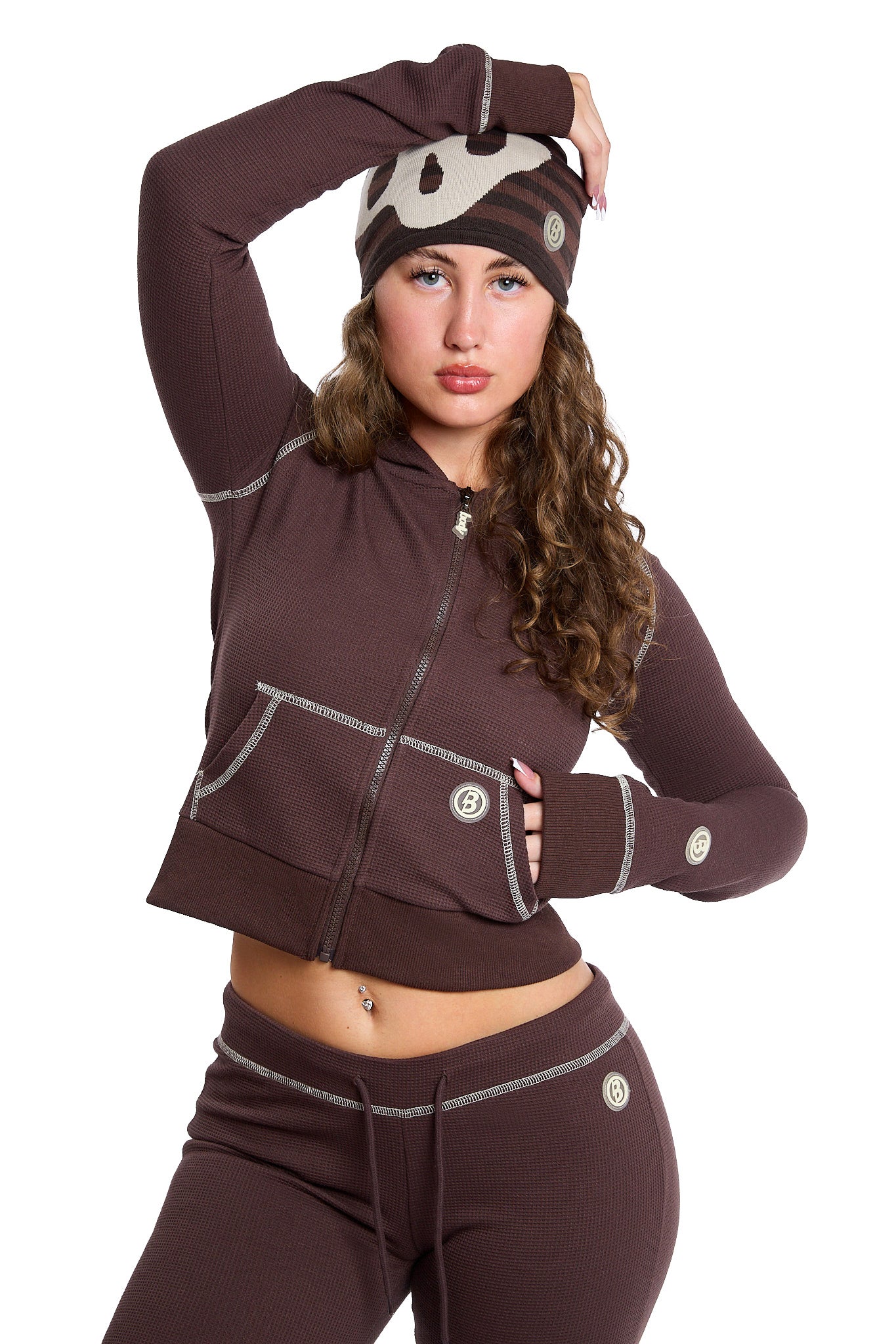 WAFFLE KNIT HOODIE (ESPRESSO BROWN/CREAM)