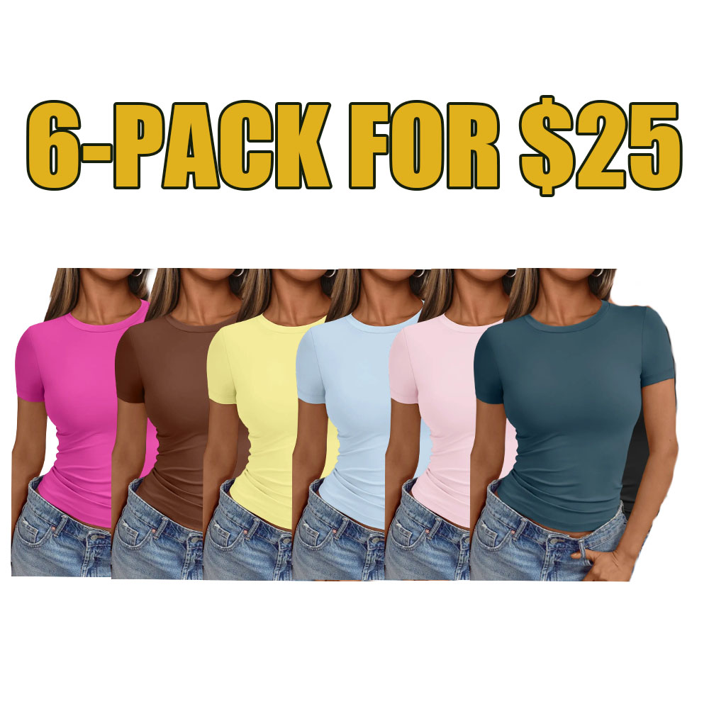 6-Pack Women’s Slim Fit Crop Tops – Y2K Short Sleeve Stretch Tees for Everyday Streetwear
