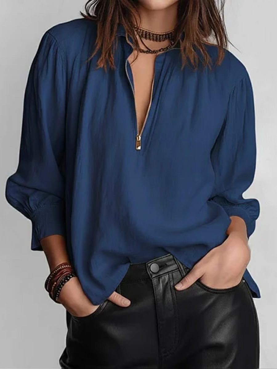 Women's Solid Color Lapel Long-sleeved Casual Loose Cotton And Linen Top