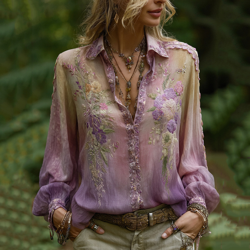 Vintage Purple Lavender And Floral Embroidered Button Linen Shirt