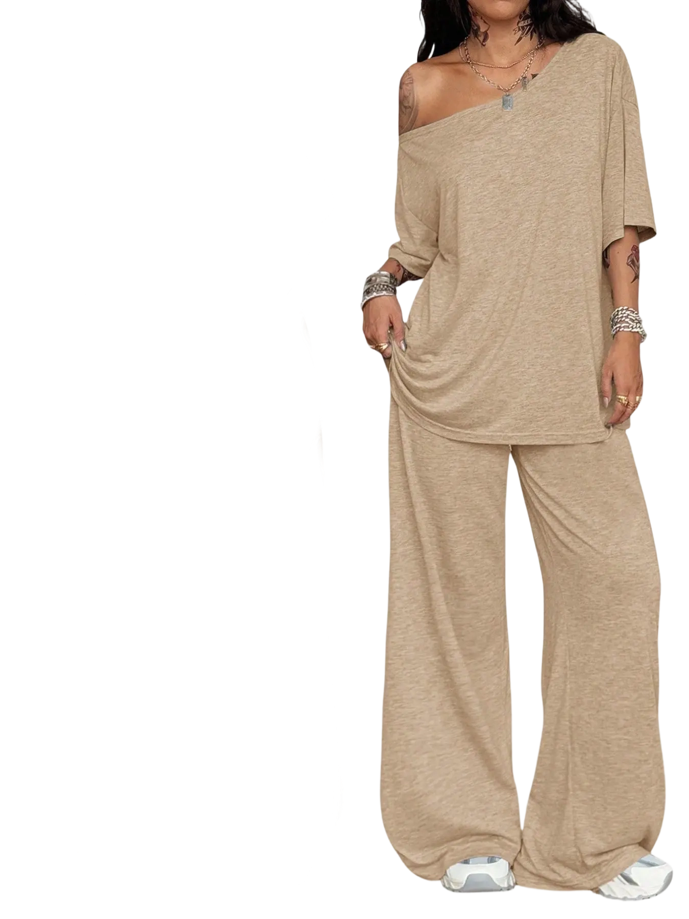 Effortless Comfort Women’s 2-Piece Lounge Set – Loose Fit Top & Wide-Leg Pants