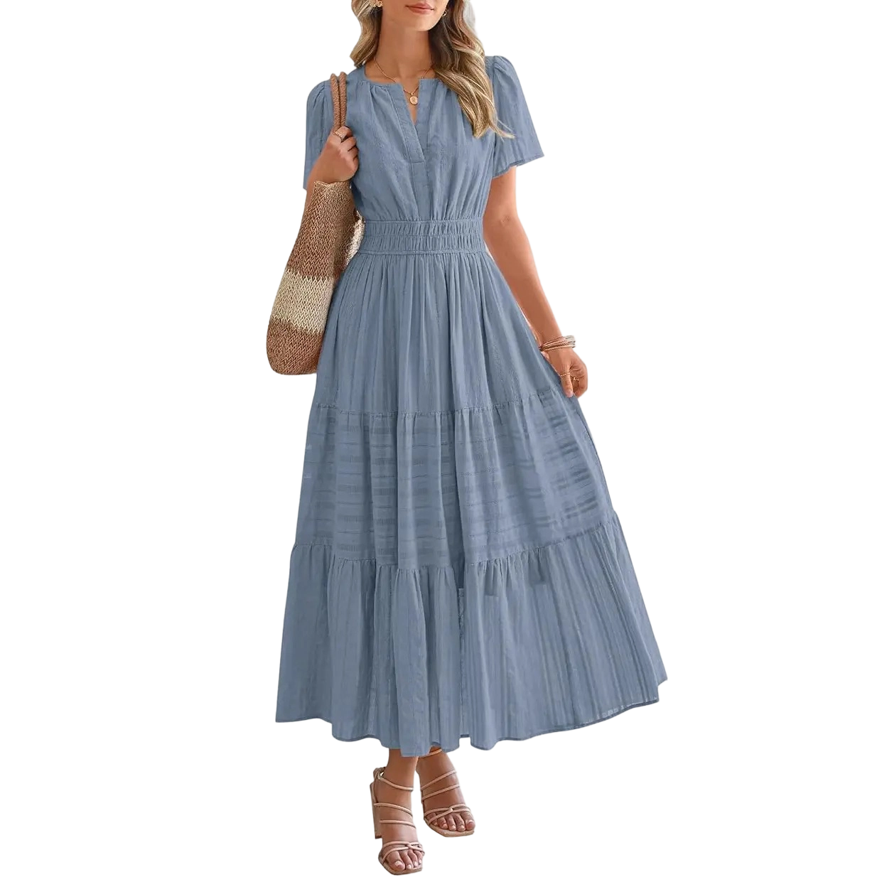 Women's Summer 2026 Casual Maxi Dress Lightweight Short Sleeve V Neck Boho Dress with Pockets