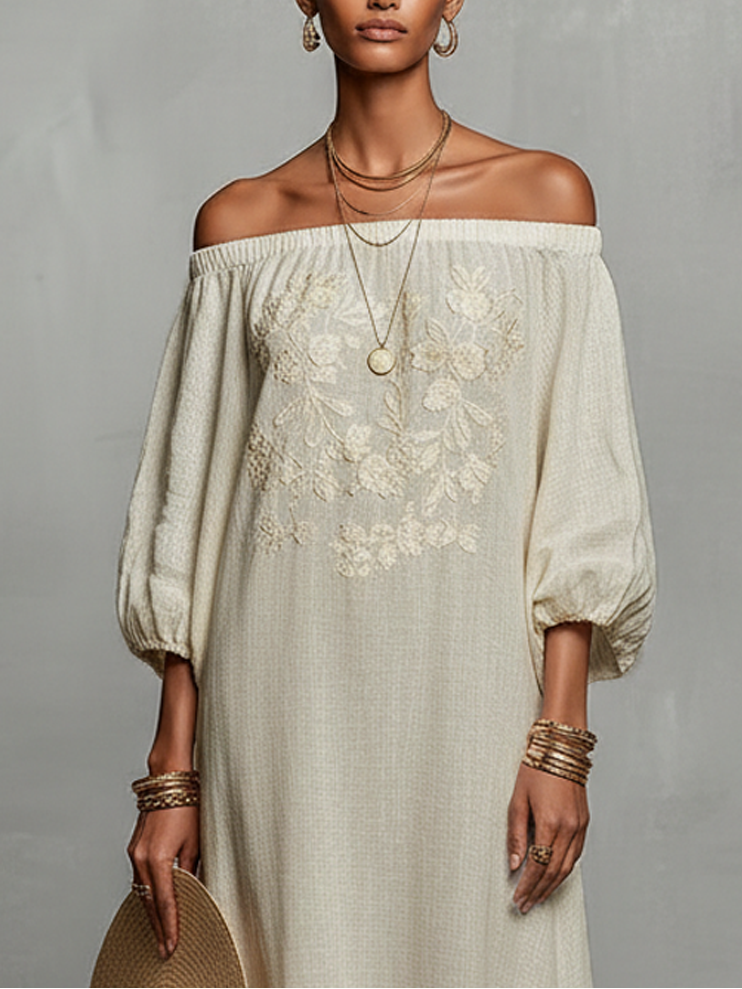 Minimalist Off-the-shoulder Three-quarter Sleeve Embroidered Maxi Dress