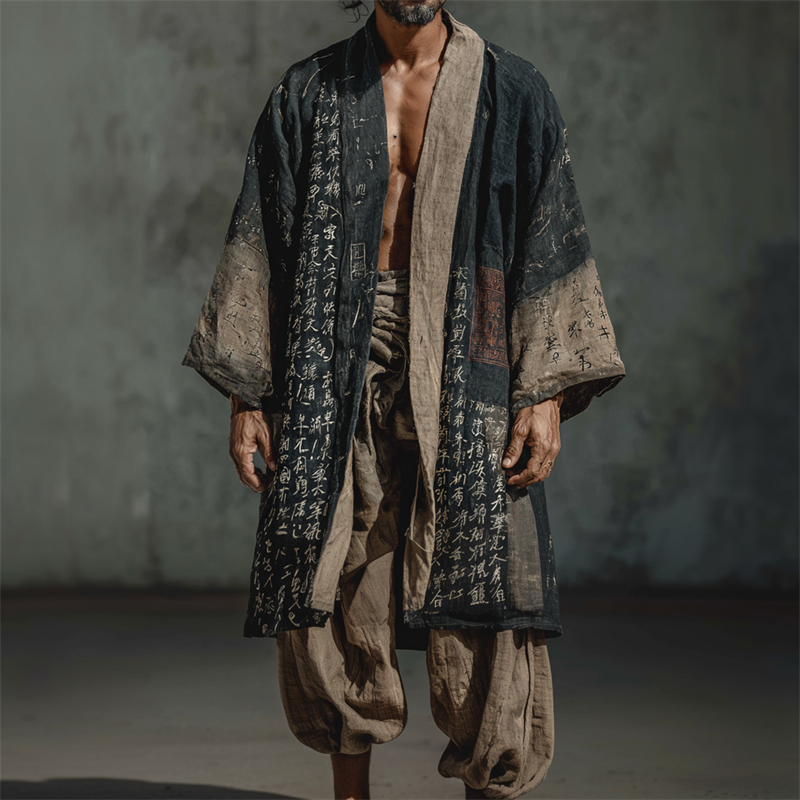 Men's Japanese Calligraphy Art Vintage Linen Long Kimono