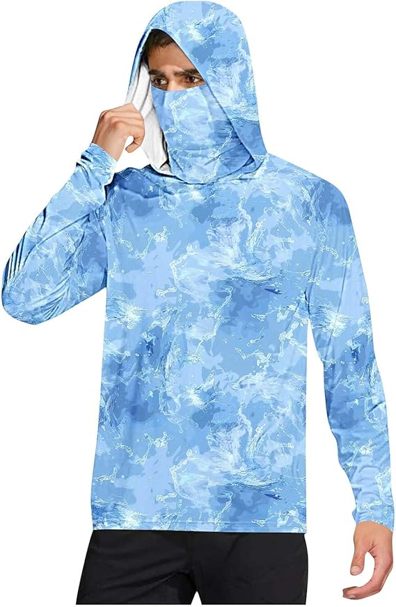 Long Sleeve Sun Shirt Men UPF 50+ Rash Guard Cooling Fishing Hoodies with Mask Casual Summer UV SPF Hiking Blouses
