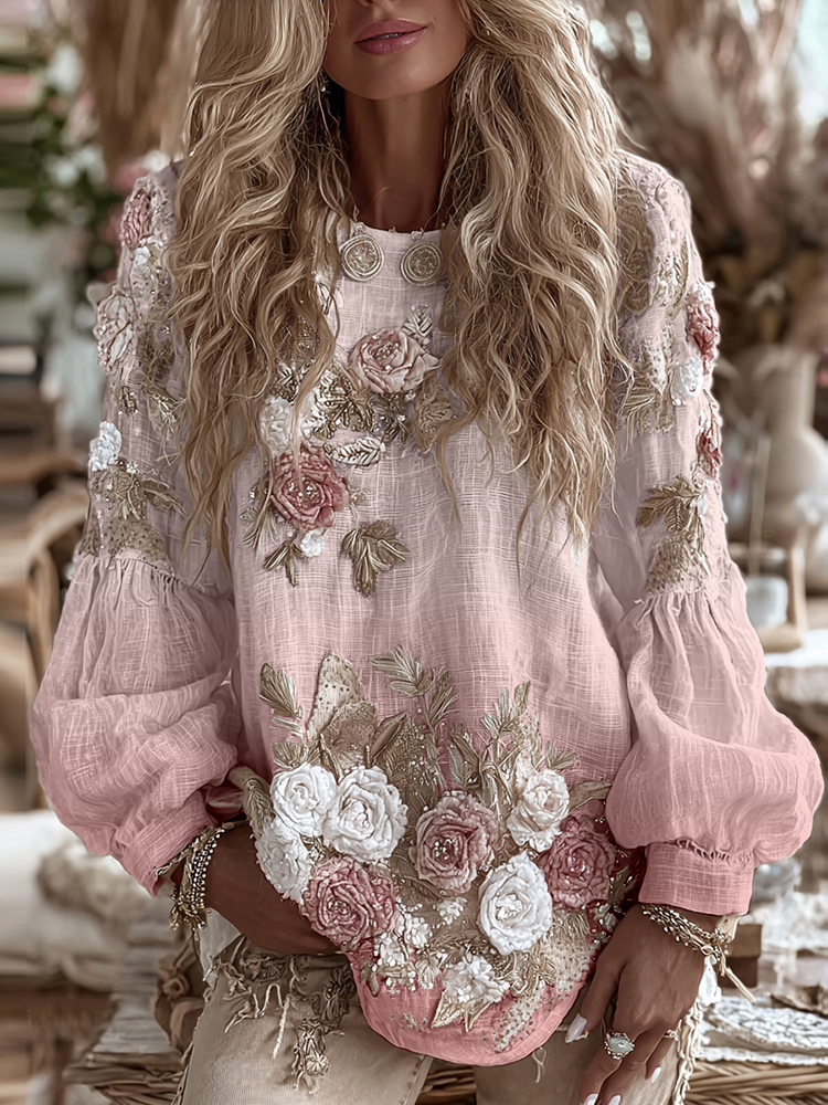Women's Vintage Romantic White Rose Embroidery Art Comfy Linen Long Sleeve Shirt