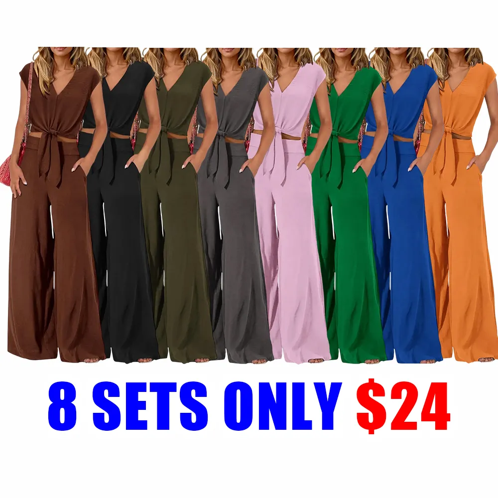Women's V-Neck Tie Waist Crop Top & Wide Leg Pants 2-Piece Set